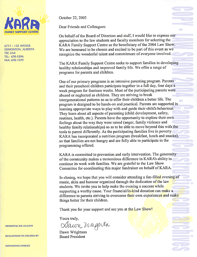 KARA Family Support Center, Board of Directors thank Law Show 2004 for being selected as recipient of fundraising stage show